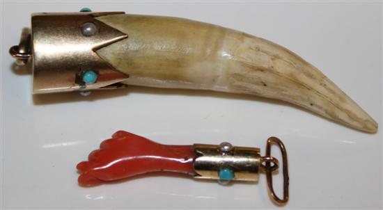 Mounted tooth pendant and coral hand pendant